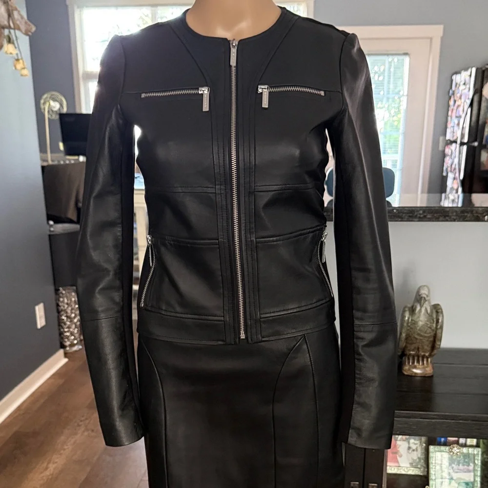 Michael Kors Black Leather Zip-Front Jacket - Picture 1 of 10